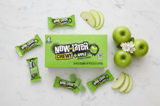 Now and Later Apple 24 pack marble flat lay with apple slices lifestyle