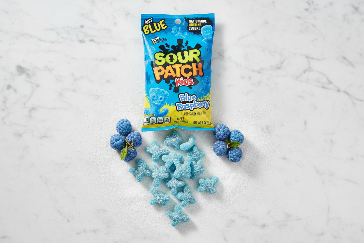 Sour Patch Kids Blue Raspberry 8oz bag marble flat lay lifestyle