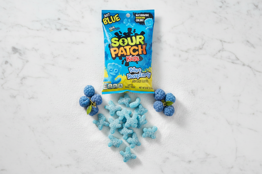 Sour Patch Kids Blue Raspberry 8oz bag marble flat lay lifestyle