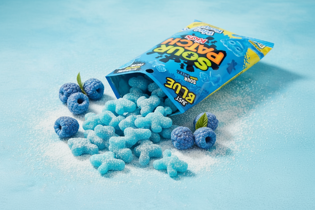 Sour Patch Kids Blue Raspberry 8oz bag blue raspberry spill lifestyle