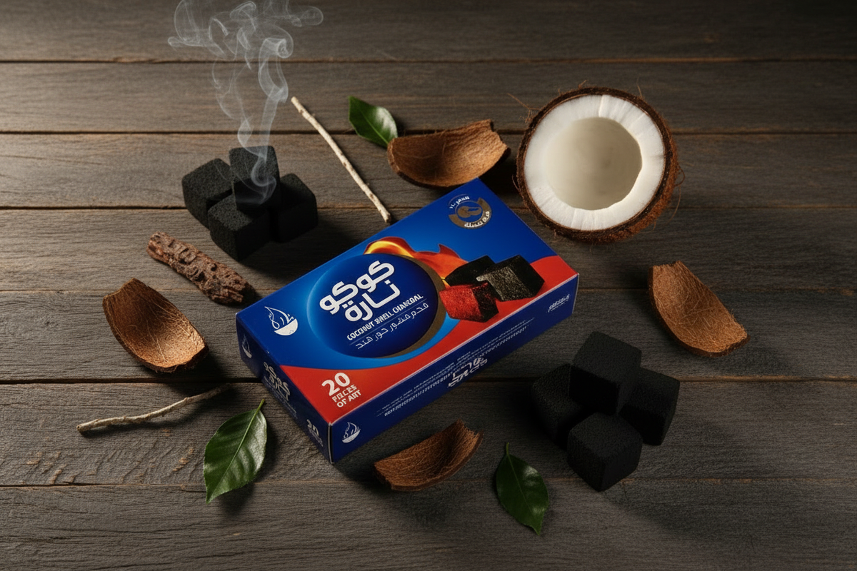 Coco Nara Hookah Charcoal coconut shell flat lay lifestyle