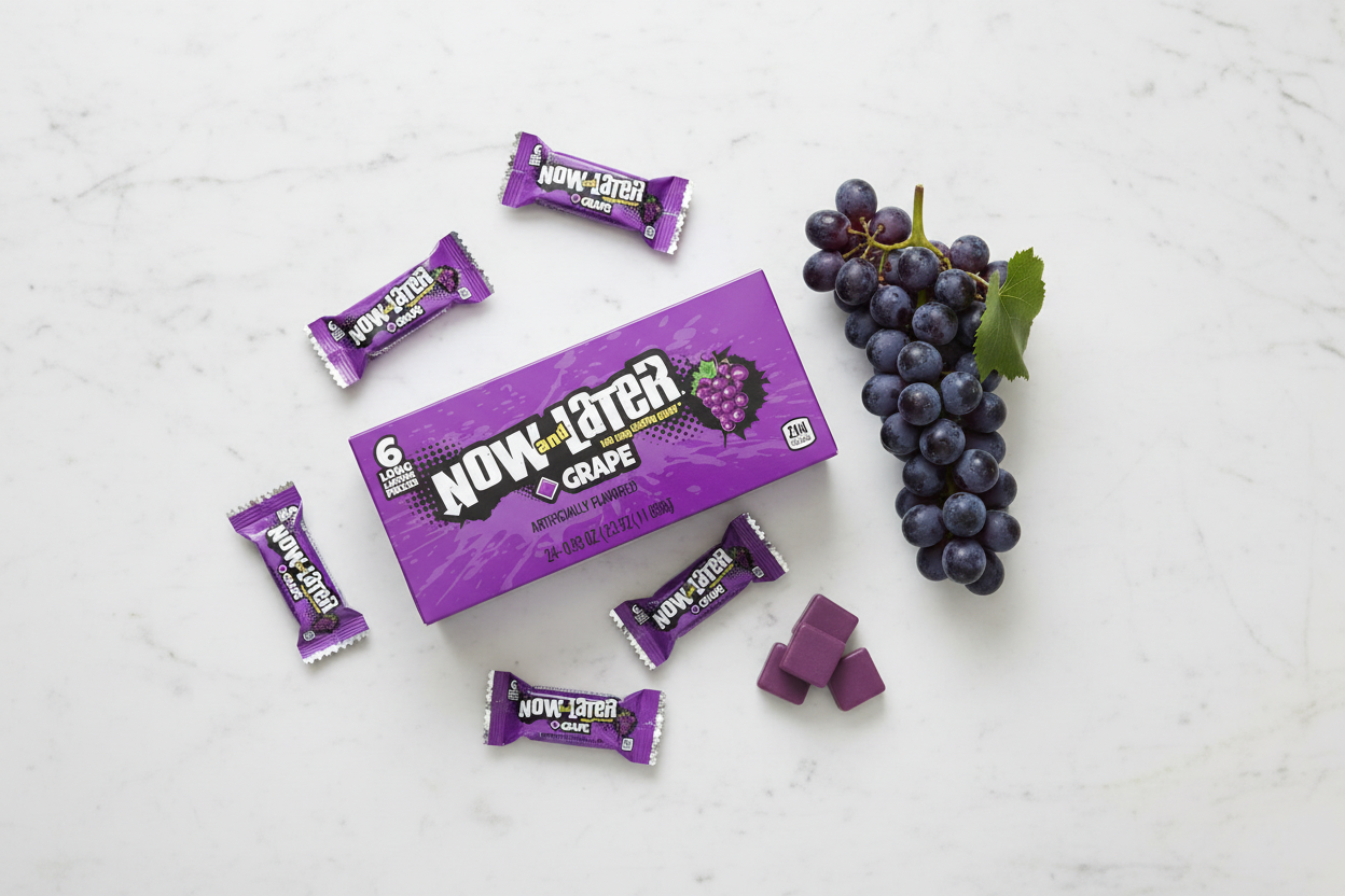 Now and Later Grape 24 pack marble flat lay with grapes lifestyle