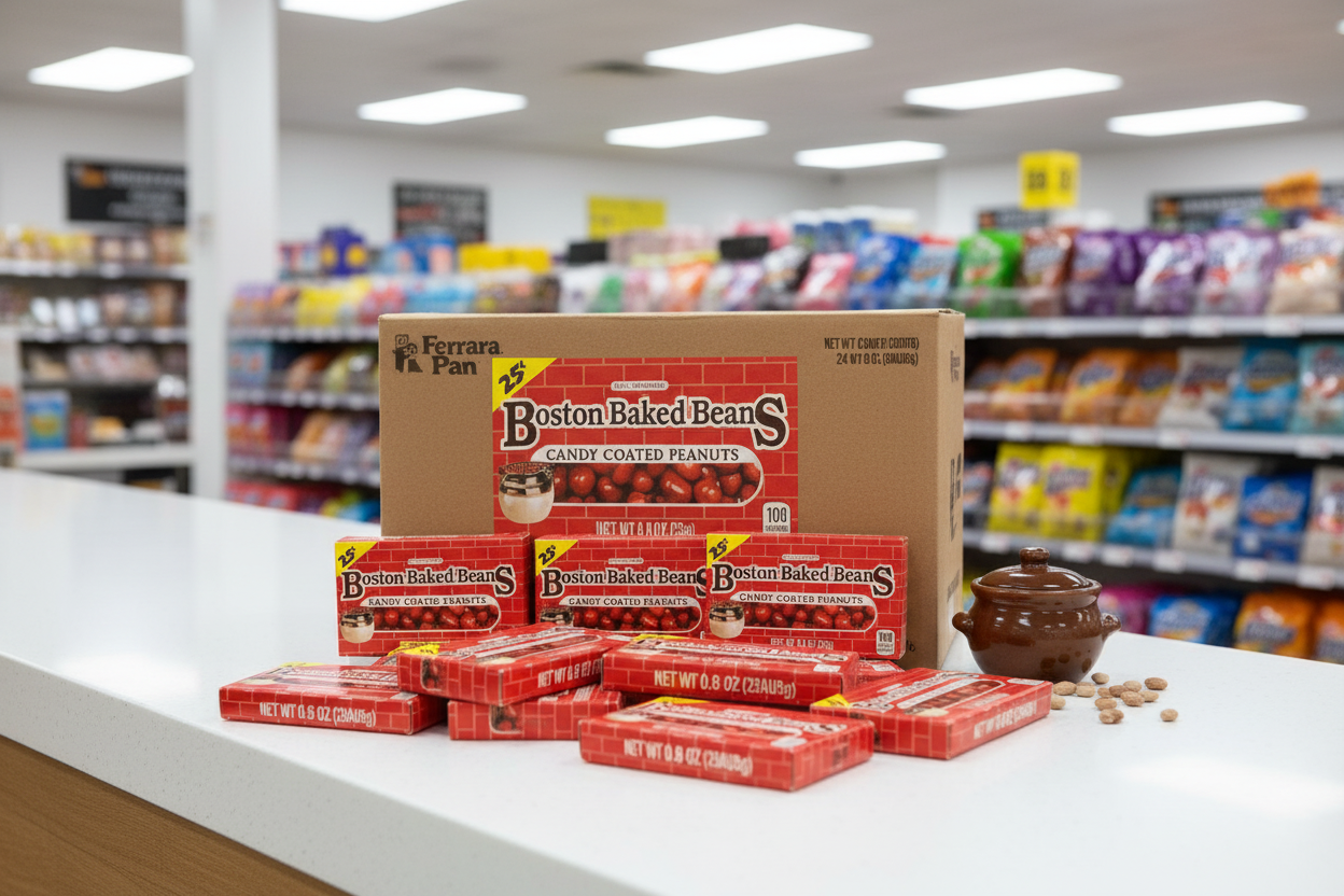 Ferrara Pan Boston Baked Beans bulk case of 24 retail counter lifestyle