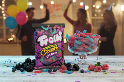 Trolli Sour Brite Crawlers Very Berry 5oz party snack table with berries lifestyle