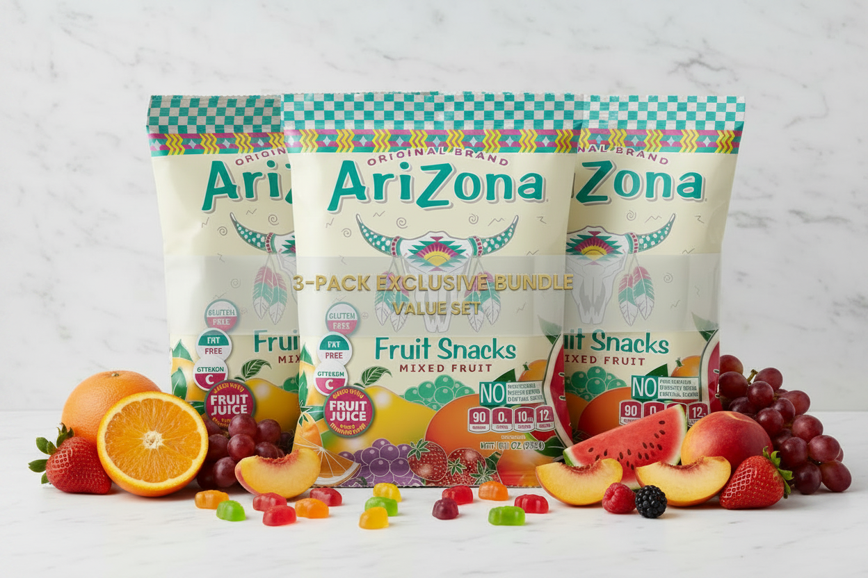 Arizona Gummies Mixed Fruit 3-pack tropical flat lay lifestyle