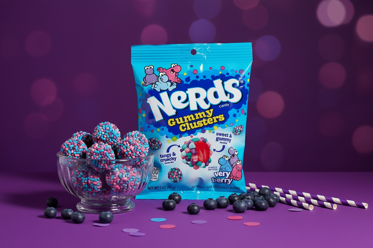 Nerds Gummy Clusters Very Berry 5oz candy party table with berries lifestyle
