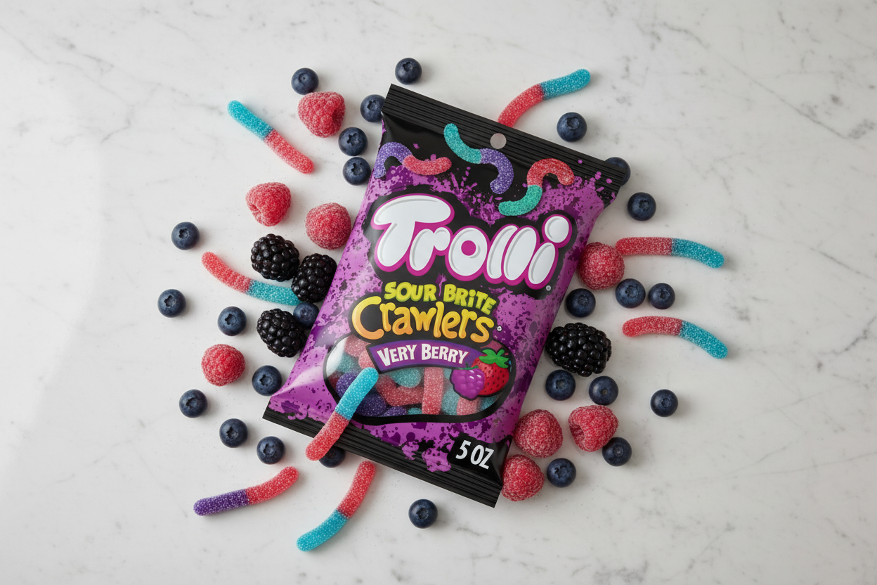 Trolli Sour Brite Crawlers Very Berry 5oz marble flat lay with fresh berries lifestyle
