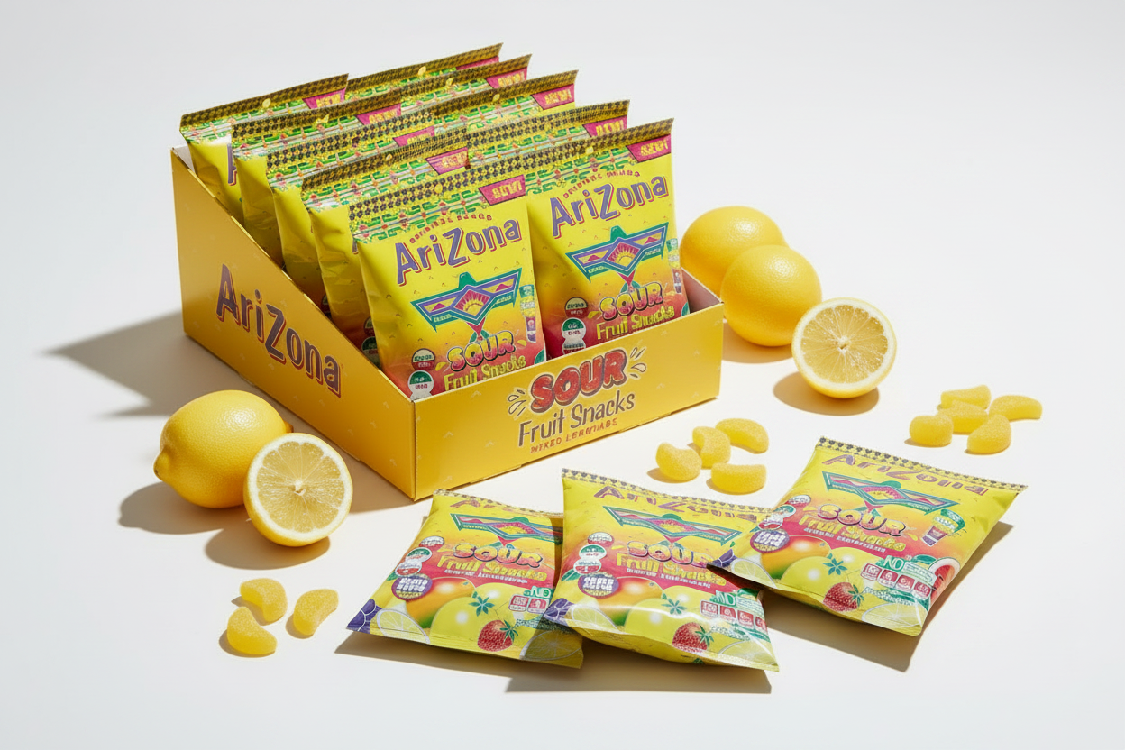 Arizona Sour Lemonade Gummies box of 12 opened flat lay lifestyle