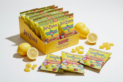 Arizona Sour Lemonade Gummies box of 12 opened flat lay lifestyle
