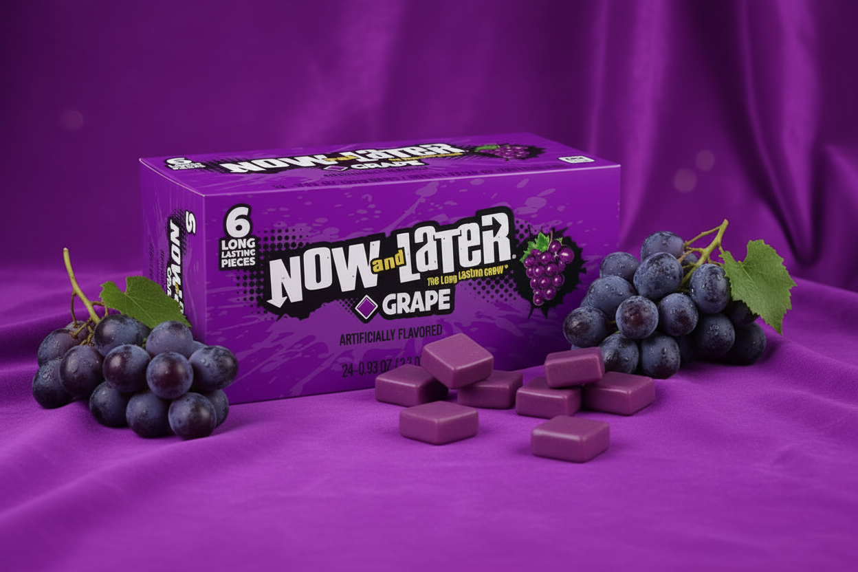Now and Later Grape 24 pack grape candy spill purple surface lifestyle
