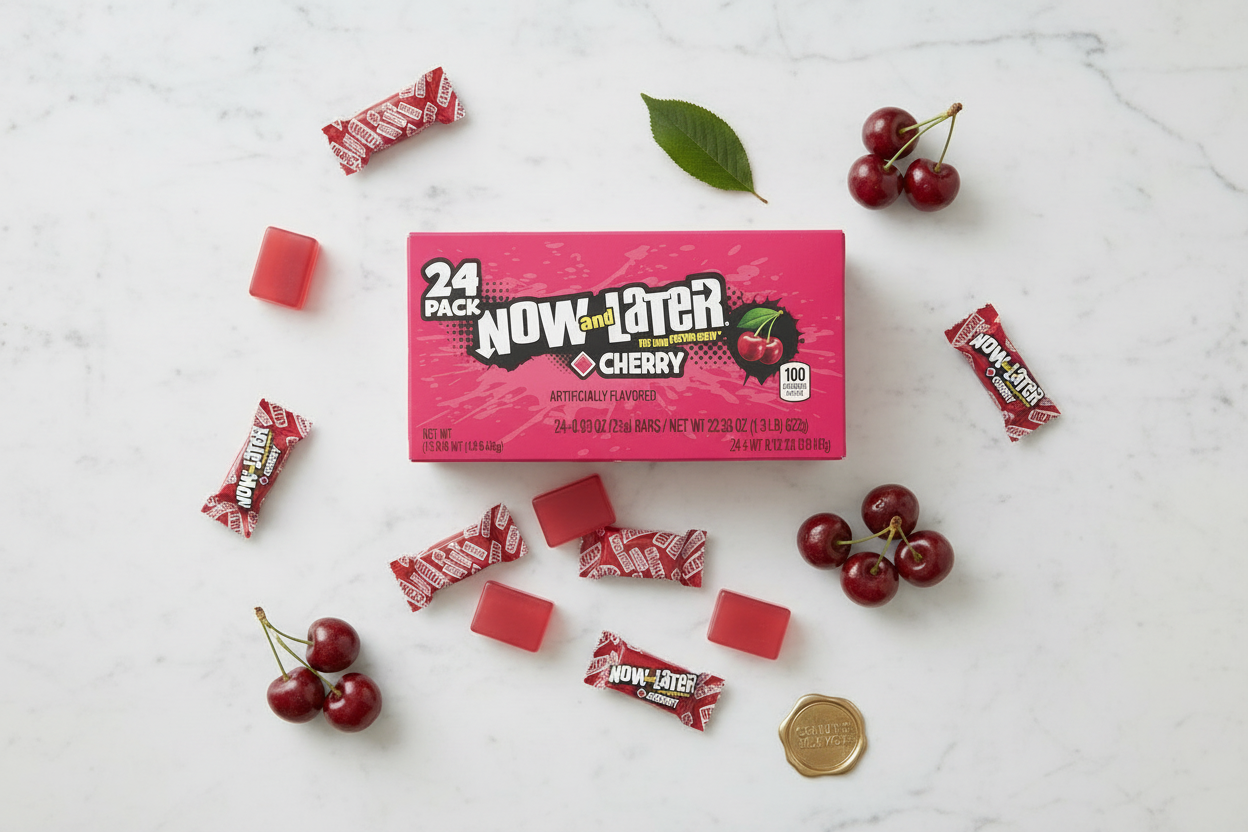 Now and Later Cherry 24 pack marble flat lay with cherries lifestyle