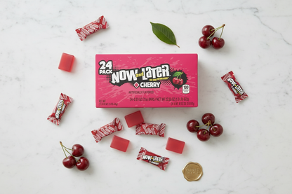 Now and Later Cherry 24 pack marble flat lay with cherries lifestyle