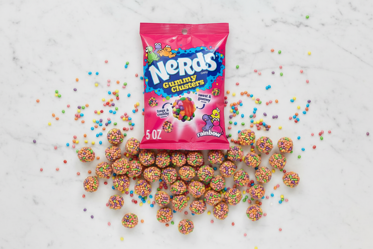 Nerds Gummy Clusters Rainbow 5oz marble flat lay with rainbow clusters lifestyle