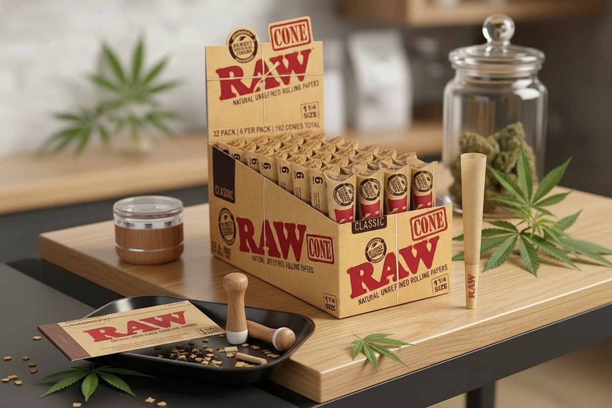 RAW Cones 1¼ Size box of 32 packs rustic wooden surface lifestyle