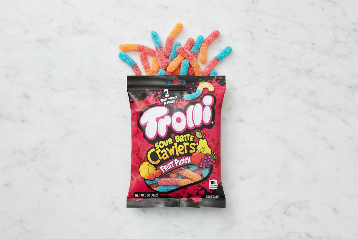 Trolli Sour Brite Crawlers Fruit Punch 5oz marble flat lay lifestyle