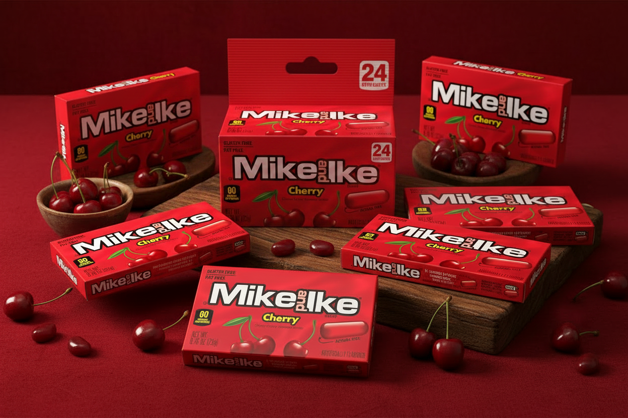 Mike and Ike Cherry pack of 24 moody dark wood table lifestyle