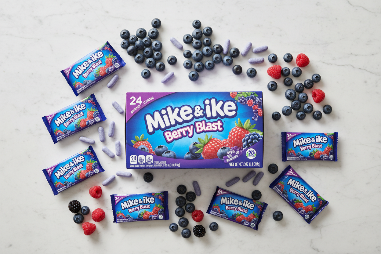 Mike and Ike Berry Blast pack of 24 marble flat lay with fresh berries lifestyle