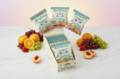 Arizona Gummies Mixed Fruit box of 12 opened tropical flat lay lifestyle