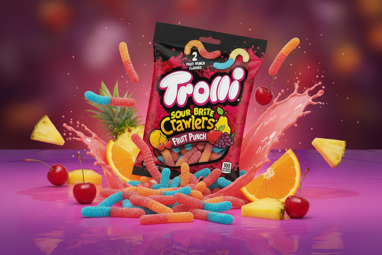 Trolli Sour Brite Crawlers Fruit Punch 5oz neon gummy worm spill lifestyle