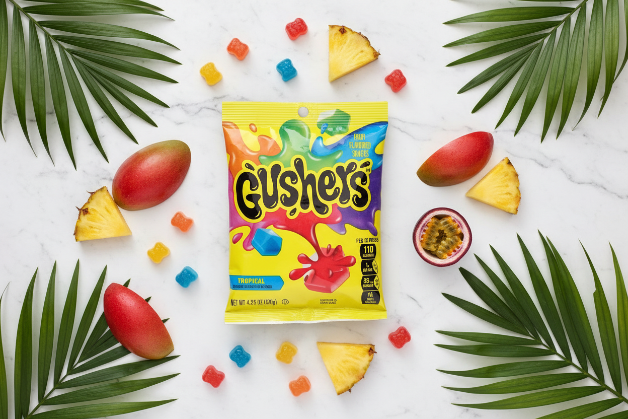 Gushers Tropical 4.25oz marble flat lay with palm leaves lifestyle