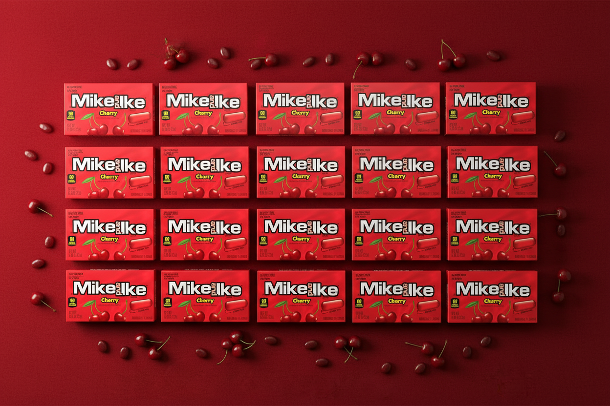 Mike and Ike Cherry pack of 24 bold grid flat lay lifestyle