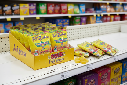 Arizona Sour Lemonade Gummies box of 12 retail shelf display lifestyle