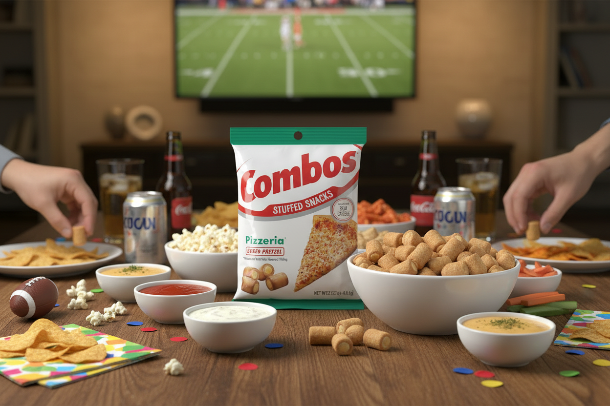 Combos Pizzeria Pretzels 6oz game day snack table lifestyle
