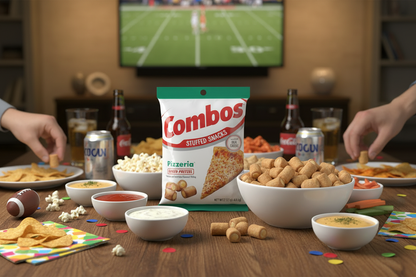 Combos Pizzeria Pretzels 6oz game day snack table lifestyle