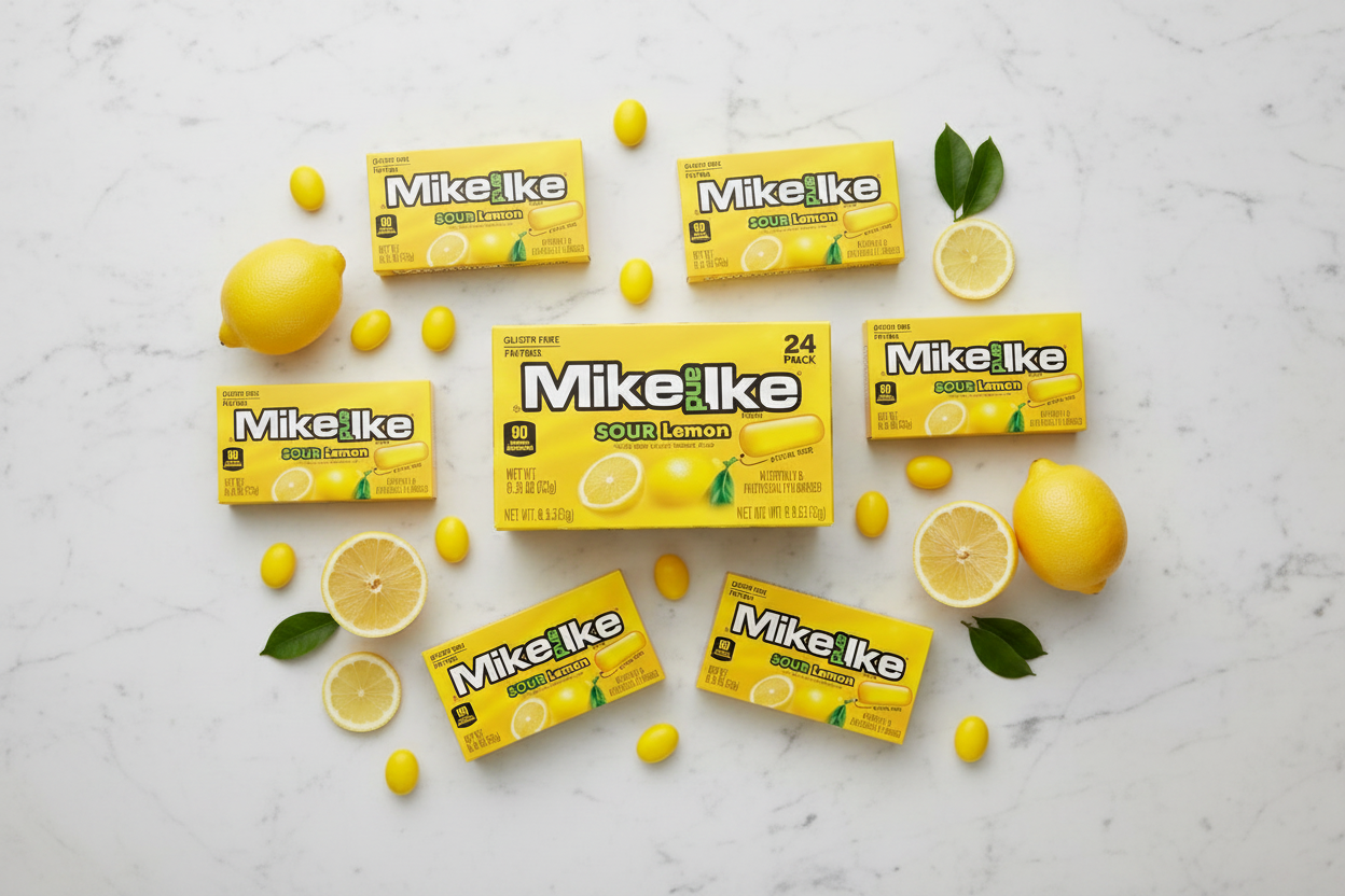 Mike and Ike Sour Lemon pack of 24 marble flat lay with lemons lifestyle