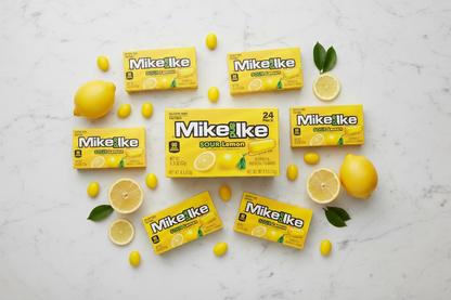 Mike and Ike Sour Lemon pack of 24 marble flat lay with lemons lifestyle