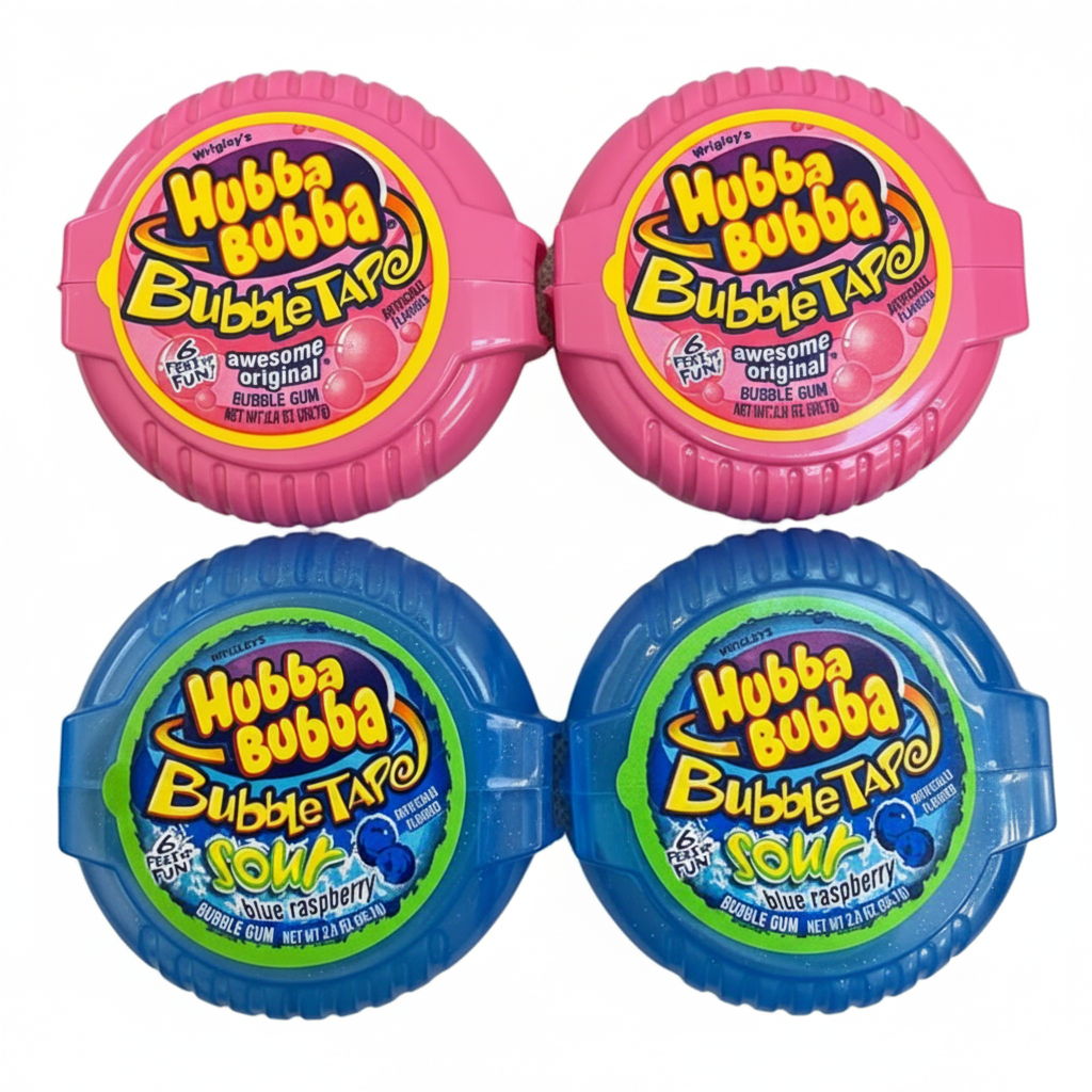 Hubba Bubba Bubble Tape Original and Sour Blue Raspberry 4-pack bundle