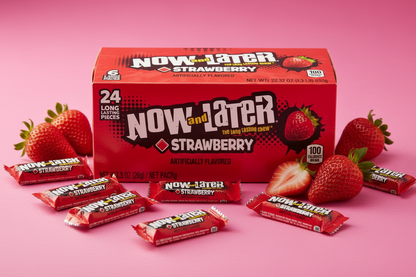 Now and Later Strawberry 24 pack strawberry candy spill pink surface lifestyle