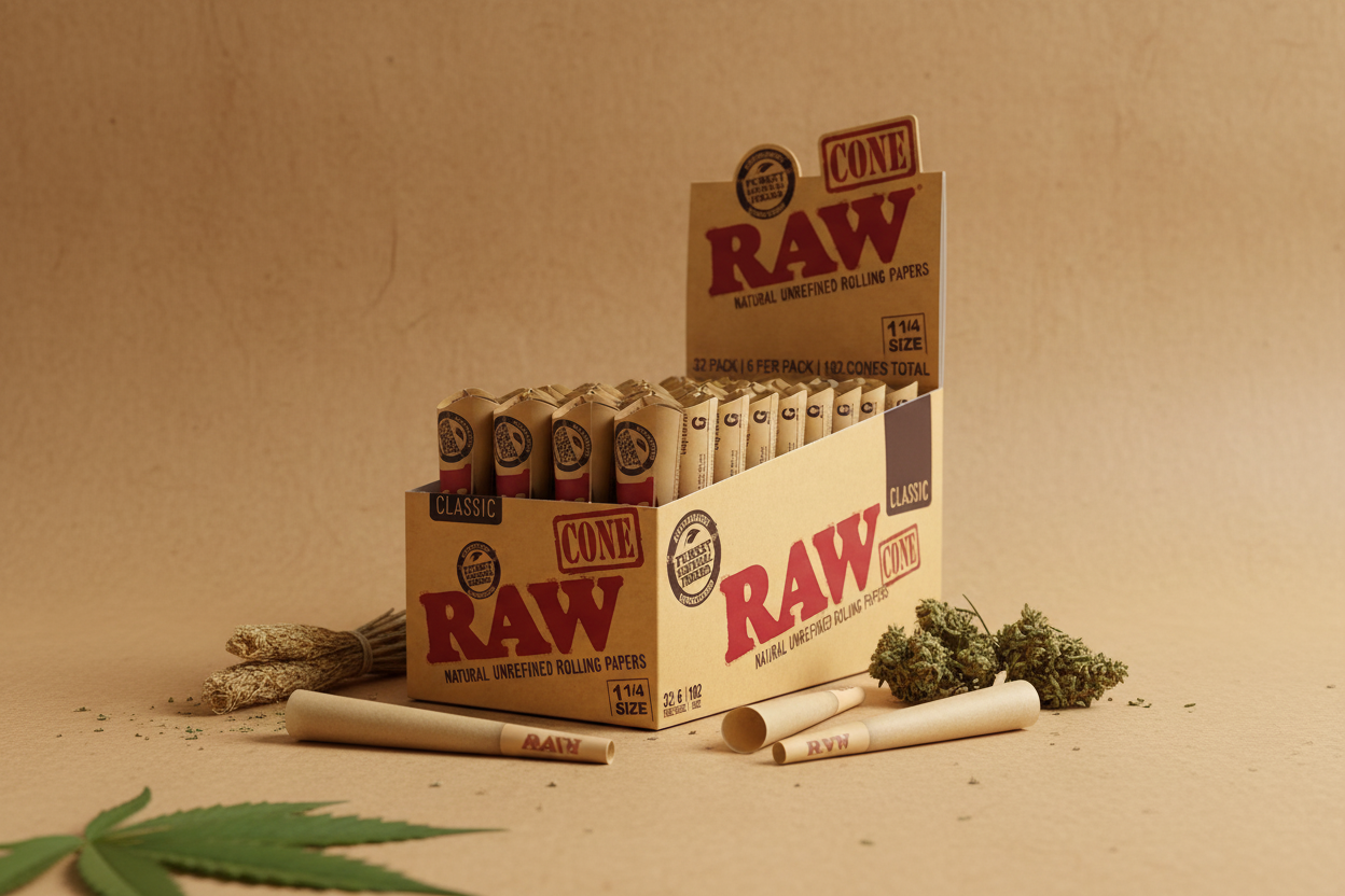 RAW Cones 1¼ Size box of 32 packs kraft paper background lifestyle