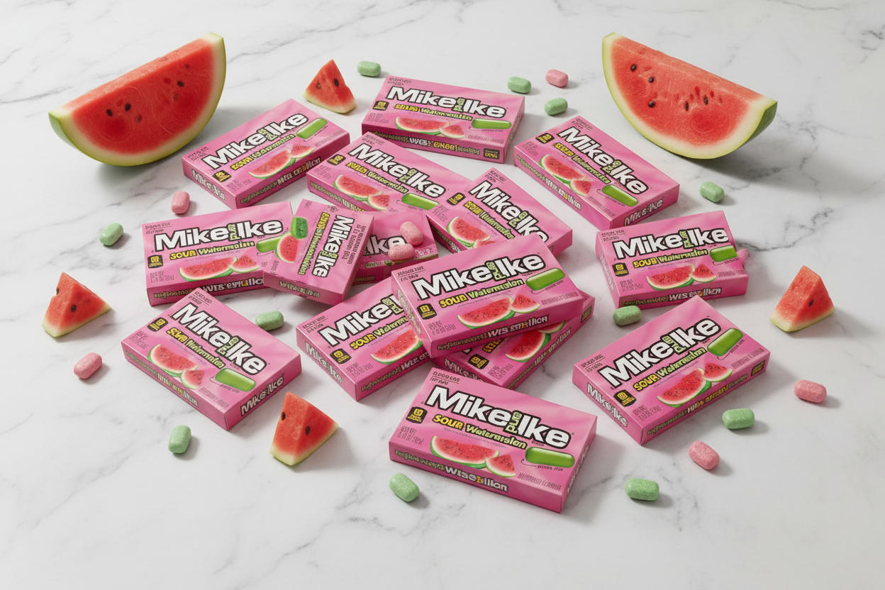 Mike and Ike Sour Watermelon pack of 24 marble flat lay lifestyle